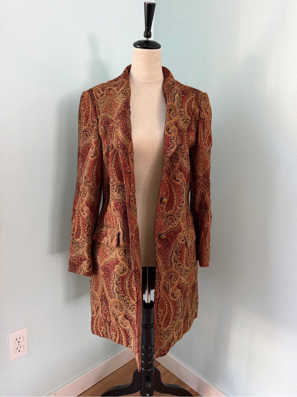 Vintage Liz Claiborne Tapestry Paisley Long Coat Brown Fall Dark Academia S/M